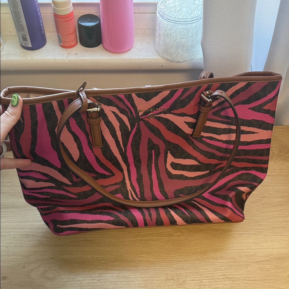 Michael Kors Pink Zebra-Print Tote with Brown Trim